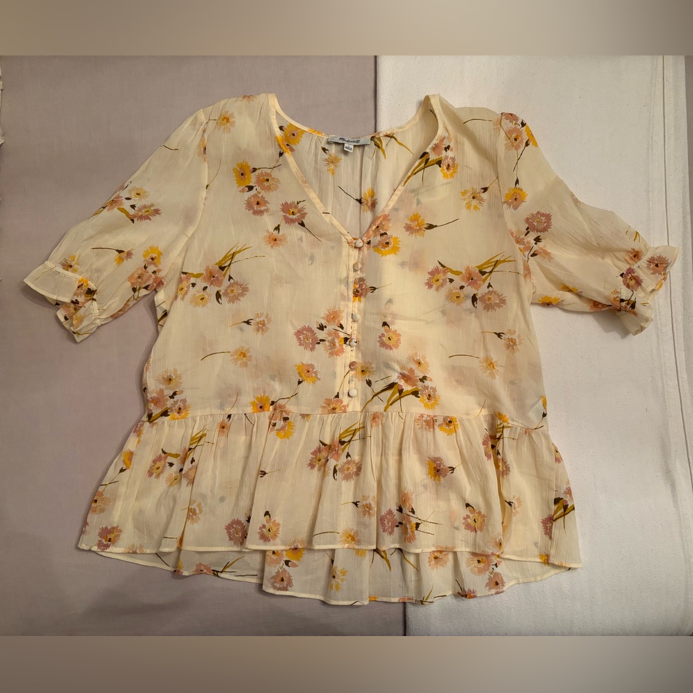 madewell floral mesh blouse with puffy sleeves and v neck